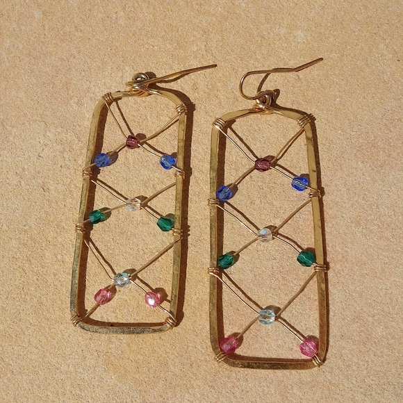artisan Jewelry - Golden Age Handcrafted Artisan Beaded Colorful Rectangle Big Statement Earrings